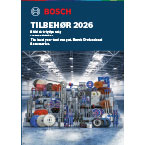 Et produktkatalog fra Bosch med titlen "TILBEHØR 2026" i en industriel baggrund med værktøjer.