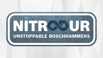 NITROUR logo med teksten "UNSTOPPABLE BOSCHHAMMERS" på en grå baggrund.