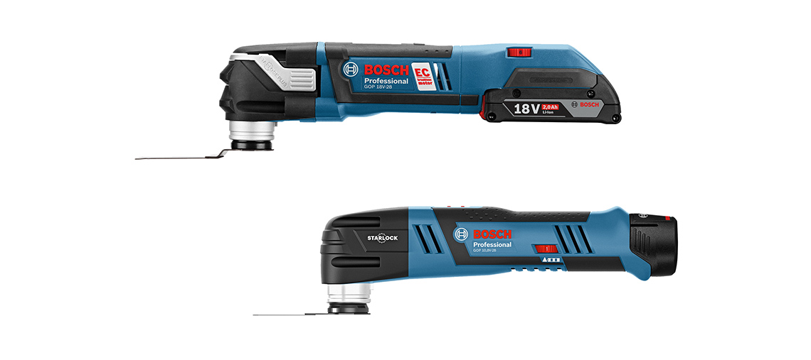To Bosch Professional værktøjer i blå og sort, vinklet for arbejdet.