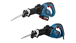 To elektriske Bosch Professional stiksave i blå og sort farve.