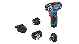 En blå Bosch Professional skruetrækker med fire udskiftelige bits.