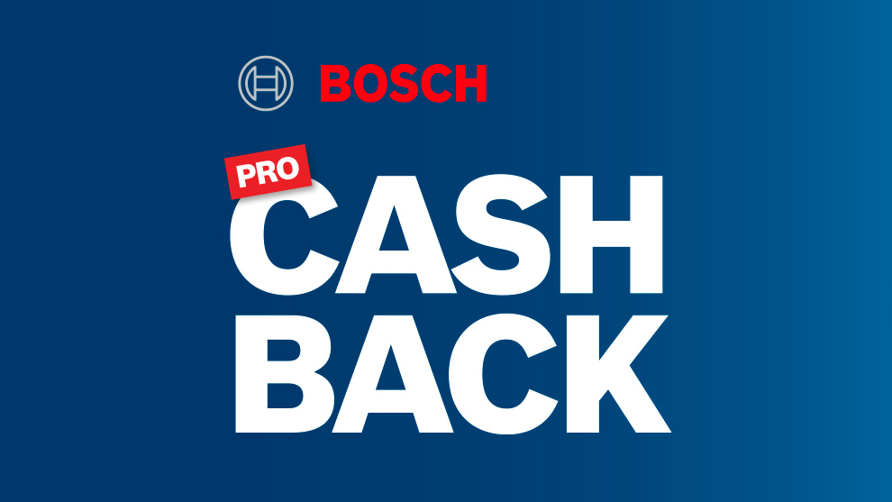Bosch PRO CASH BACK i hvid tekst på blå baggrund med logo øverst.