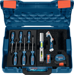 طقم أدوات يدوية من Bosch يتضمن مفكات براغي، وميزان تسوية، وقاطع، وشريط قياس.