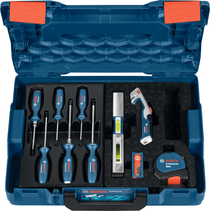 طقم أدوات يدوية من Bosch يتضمن مفكات براغي، وميزان تسوية، وقاطع، وشريط قياس.