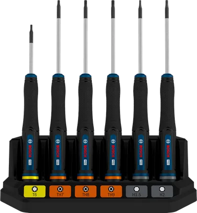 مجموعة مفكات براغي دقيقة من Bosch برو TX/TH/H، 6 قطع بمقابض مرمزة بالألوان.