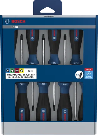 مجموعة مفكات براغي Bosch برو 8 قطع، عمود S2 مضاد للانزلاق.