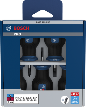 مجموعة مفكات براغي Bosch برو القصيرة PH/SL مع أعمدة S2 وعزم دوران +40%.