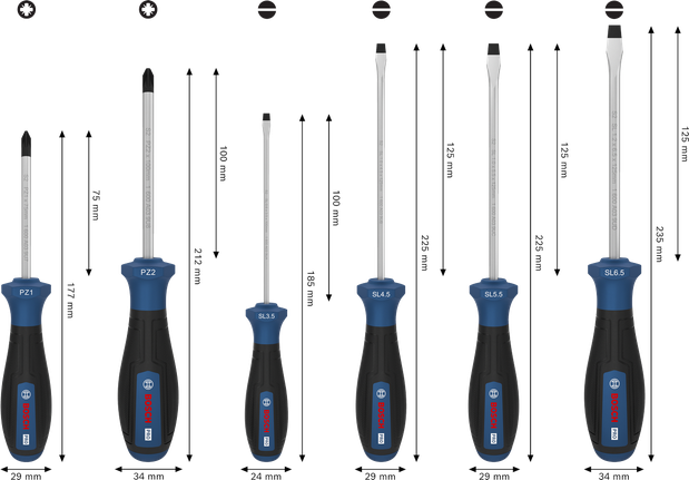 مجموعة مفكات براغي Bosch برو PZ/SL مكونة من 6 قطع مع أعمدة S2 ومقابض متعددة المكونات.