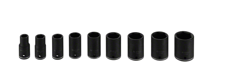Bosch impact socket set with nine different sizes.