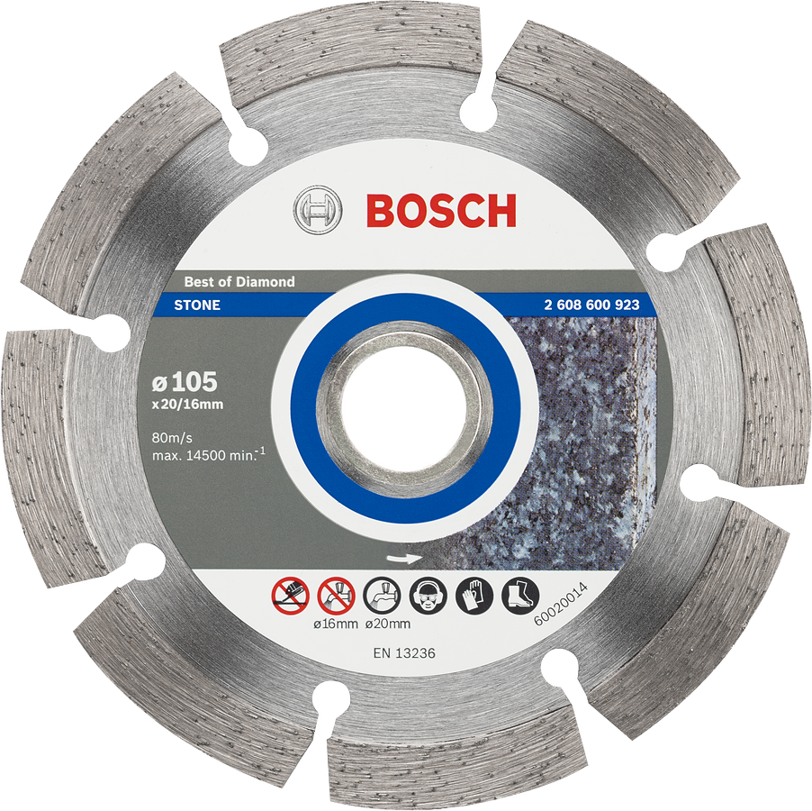 Bosch diamond cutting disc for stone, 105 mm diameter.