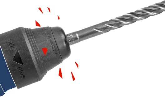 Rotary hammer drill bit attached to a chuck for heavy-duty drilling tasks.