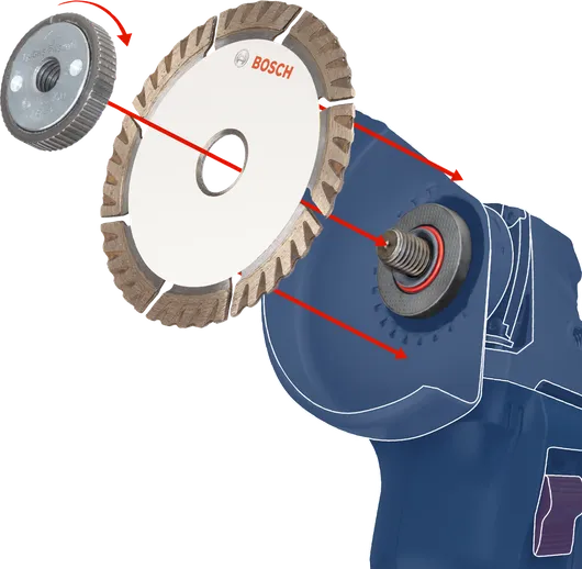 Angle grinder assembly showing placement of washer and diamond cutting disc.