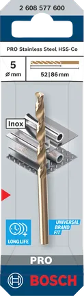 Bosch 5 mm stainless steel HSS-Co drill bit.