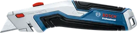 Utility knife with a retractable blade resting on a white background.