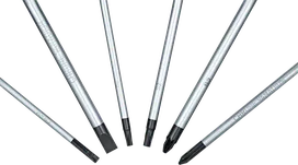 A set of various screwdriver bits arranged in a fan shape.