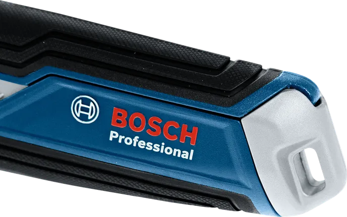 Blue and black power tool handle with a textured grip.