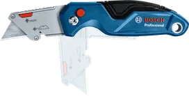 Folding utility knife with a retractable blade shown in open and closed positions.
