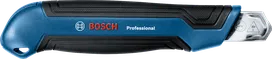 Retractable utility knife with a blue and black handle.