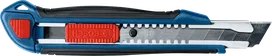 Utility knife with a retractable segmented blade and textured grip.