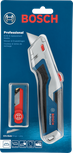 Utility knife and spare blades in plastic packaging on a blue background.