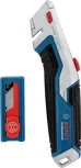 Utility knife and blade case with a blue, gray, and red design.