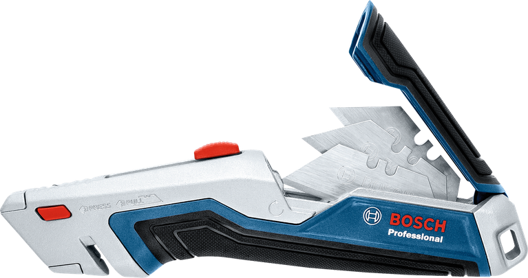 Utility knife with multiple replacement blades visible in a built-in storage compartment.