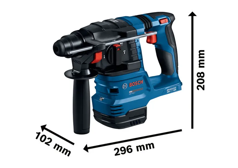 Bosch GBH 185-LI rotary hammer with dimensions shown.
