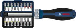 Bosch bit ratchet screwdriver set with 18 interchangeable bits.