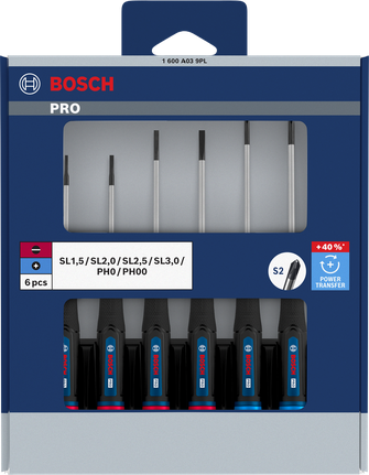 Bosch PRO precision screwdriver set PH/SL with S2 shafts.