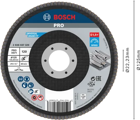 Disque à lamelles Bosch PRO X571 125 mm G120 pour meulage inox.