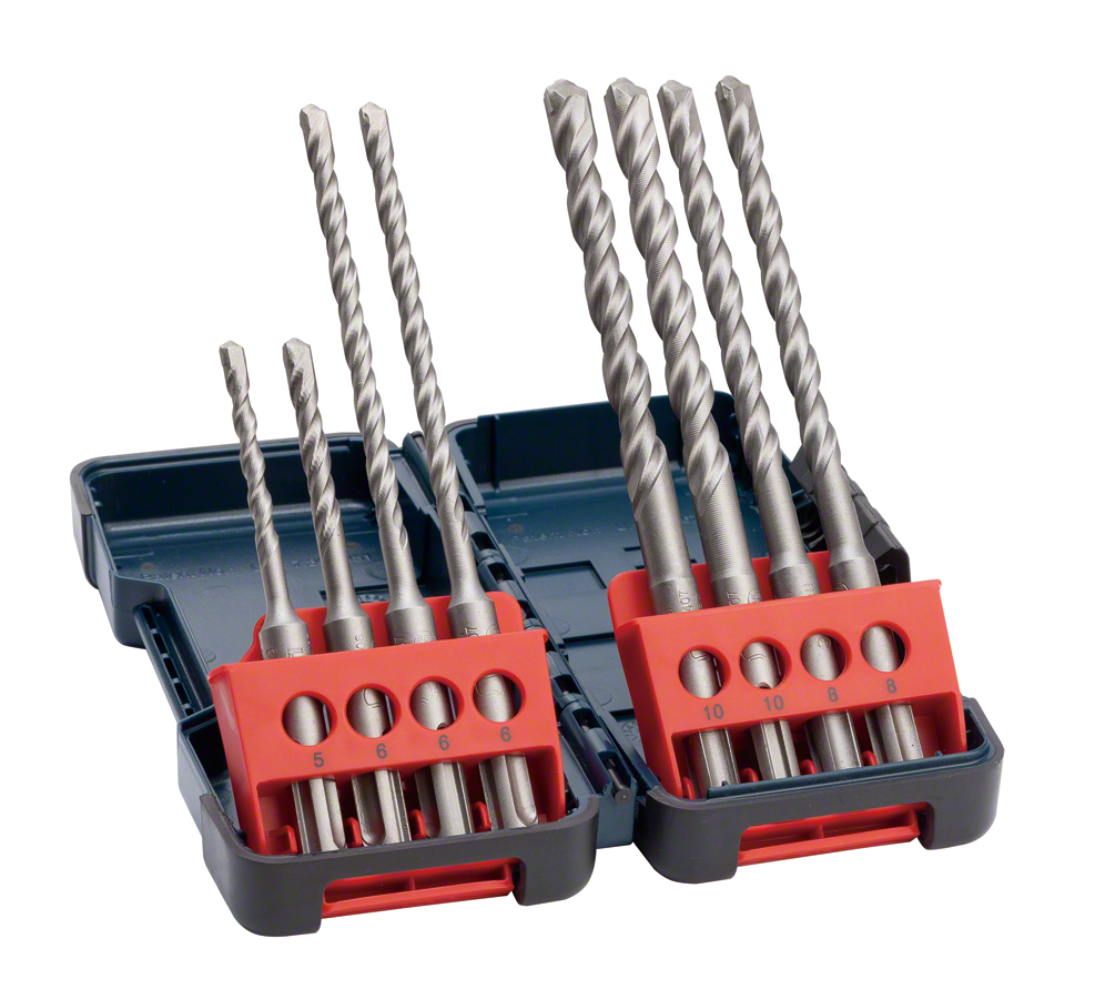 Coffret de 8 forets à percussion Bosch SDS plus-3 dans une boîte robuste.