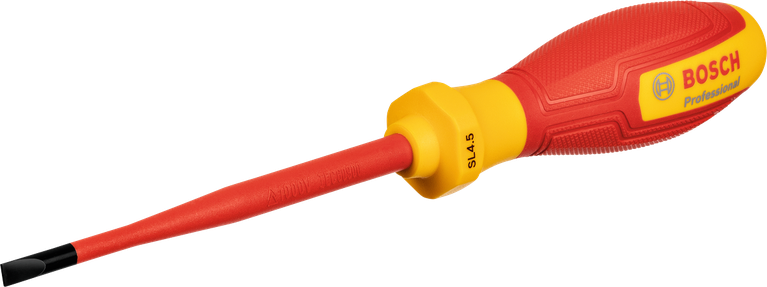 Tournevis plat isolé avec manche rouge et jaune pour travaux électriques.
