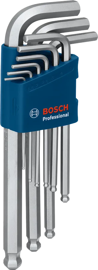 Jeu de 9 clés Allen hexagonales Bosch S2 dans un support bleu.