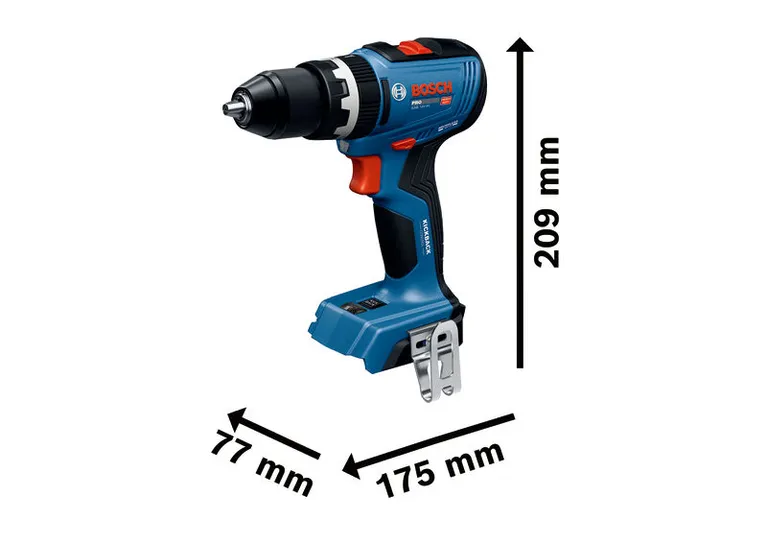 Dimensions de la perceuse à percussion sans fil Bosch GSB 18V-65 indiquées.