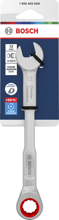 Clé mixte à cliquet Bosch 12 mm en chrome vanadium.