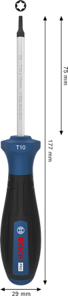 Tournevis Bosch PRO TX10 x 75 mm avec poignée ergonomique.