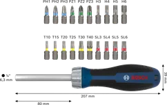 Jeu de tournevis à cliquet Bosch avec 18 embouts interchangeables.