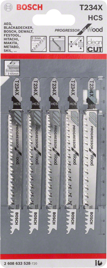 Paquete de hojas de sierra de calar Bosch T 234 X para cortes limpios en la madera.