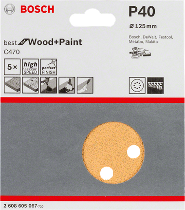 Paquete de 5 hojas de lija Bosch C470, 125 mm, grano 40.