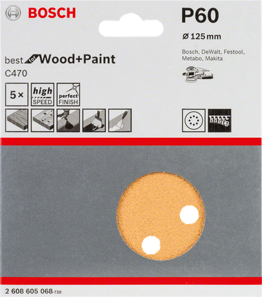 Paquete de 5 hojas de lija Bosch C470, 125 mm, grano P60.