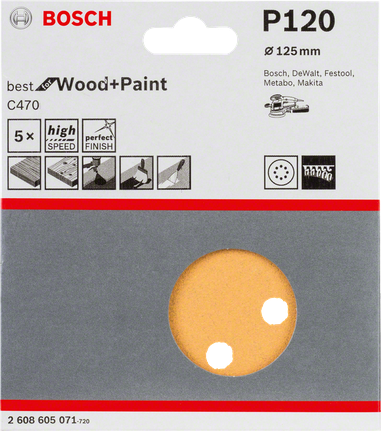 Paquete de 5 hojas de lija Bosch C470, 125 mm, grano P120.