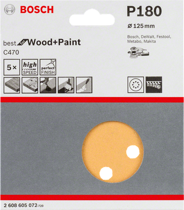 Paquete de 5 hojas de lija Bosch C470, 125 mm, grano P180.