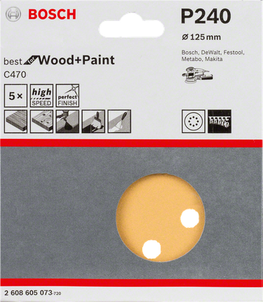 Paquete de 5 hojas de lija Bosch C470, 125 mm, grano 240.