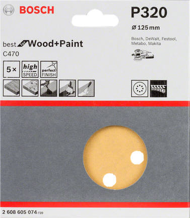 Paquete de 5 hojas de lija Bosch C470, 125 mm, grano 320.