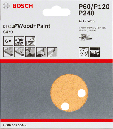 Paquete de 6 hojas de lija Bosch C470, de 125 mm de diámetro.