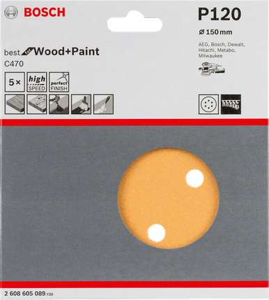 Paquete de 5 hojas de lija Bosch C470, 150 mm, grano 120.