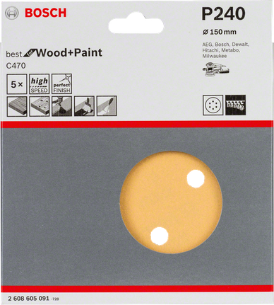 Lija Bosch C470 de 150 mm, P240, paquete de 5 unidades.