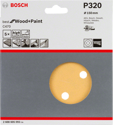 Paquete de 5 hojas de lija Bosch C470, 150 mm, grano 320.