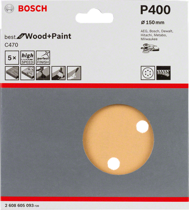 Paquete de 5 hojas de lija Bosch C470, 150 mm, grano P400.