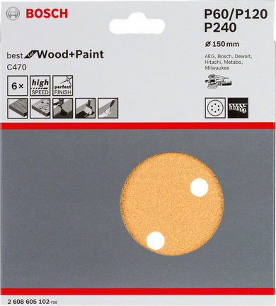 Paquete de hojas de lija Bosch C470, 150 mm de diámetro, 6 agujeros.